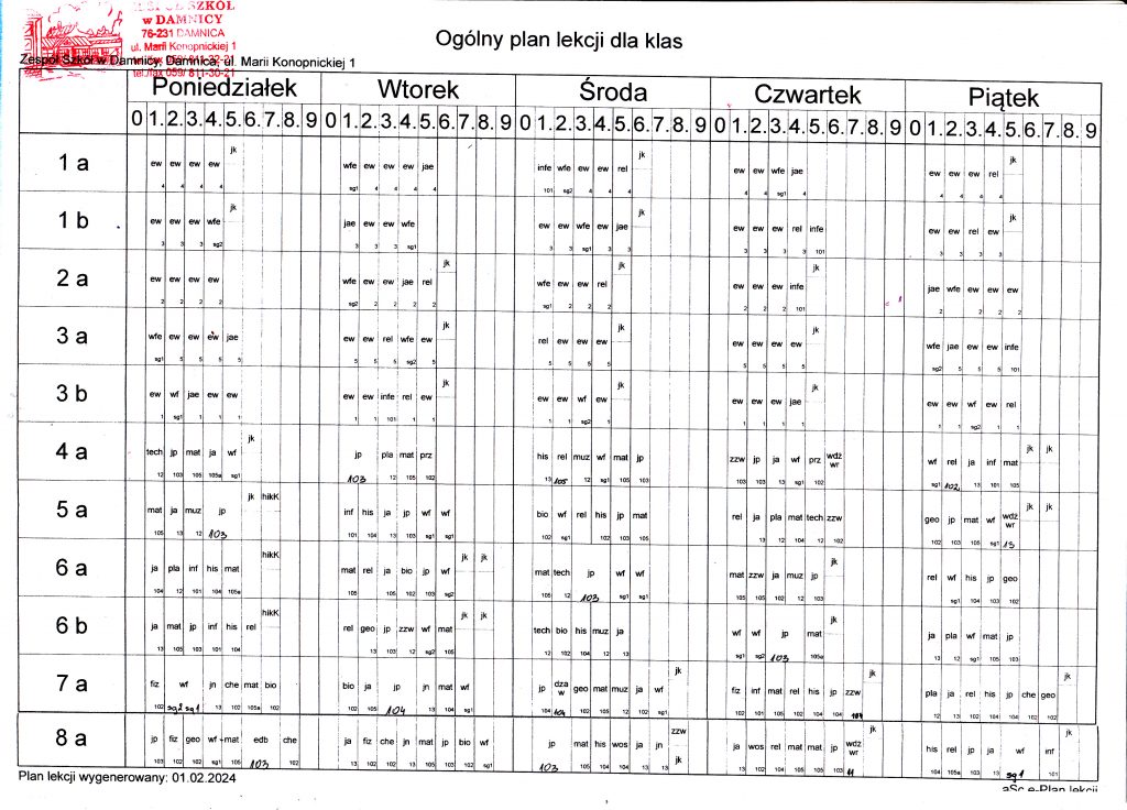 PLAN LEKCJI OBOWIĄZUJĄCY OD 12.02.2024 r. - Zespół Szkół w Damnicy
